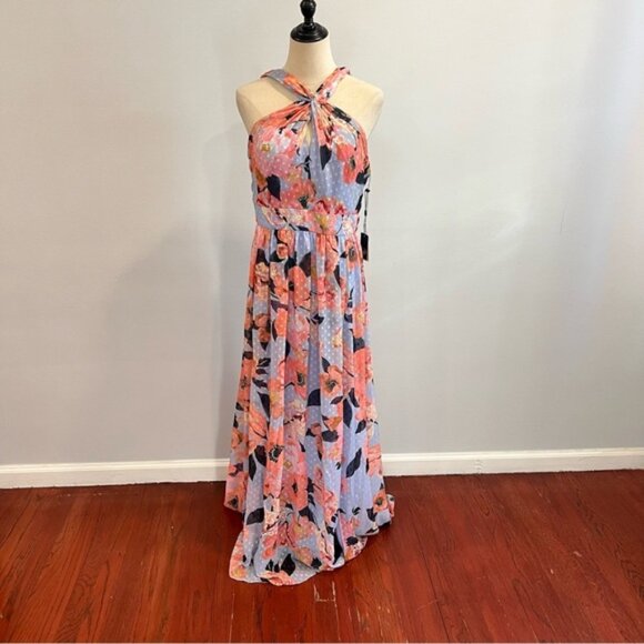Adrianna Papell Floral-Printed Clip Dot Chiffon LongHalter Gown NWT - Reemoly - Picture 1 of 15